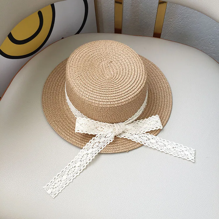 New Child Summer Sun Hat Bucket Cap Kids Baby Girls Simple Beige Lace Bowknot Ribbon Straw Hat Beach Outdoor Panama Bonnet