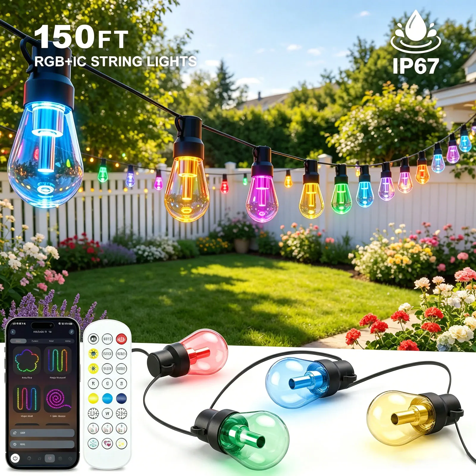

150FT RGB+IC Outdoor String Lights IP67 Waterproof DreamColor LED Bulbs Dimmable Shatterproof Patio Backyard Balcony Eave Lights APP Remote Control Chasing Effect
