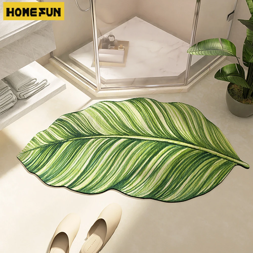 Modern Floral Door Mat Green Plant Bathroom Floor Mat, Bathroom Absorbent Floor Mat Household Irregular Door Mat Area Rug