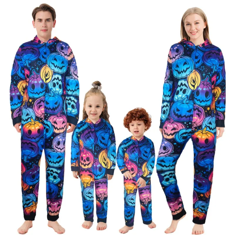 Mother Father Kid Baby Matching Outfit Zipper One-piece Hooded Jumpsuit Pumpkin Print Romper Family Look Halloween Party Clothes