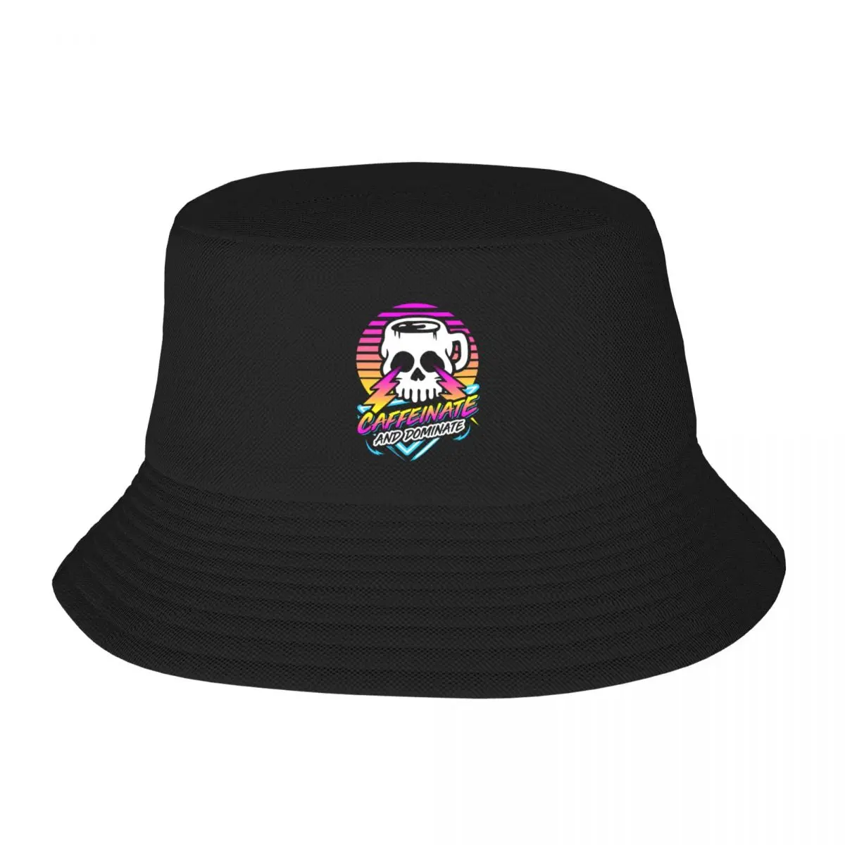 Caffeinate And Dominate (Skull Mug) Retro Neon Synthwave 80s 90s Bucket Hat fishing hat Snap Back Hat Caps For Women Men's