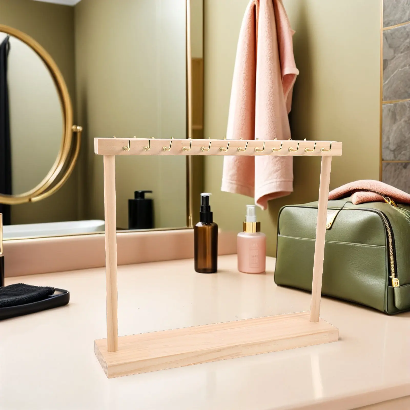 

24-Hook Wooden Necklace Display Stand Double-Sided Jewelry Organizer Rack Solid Wood Jewelry Holder Organizer for Necklaces