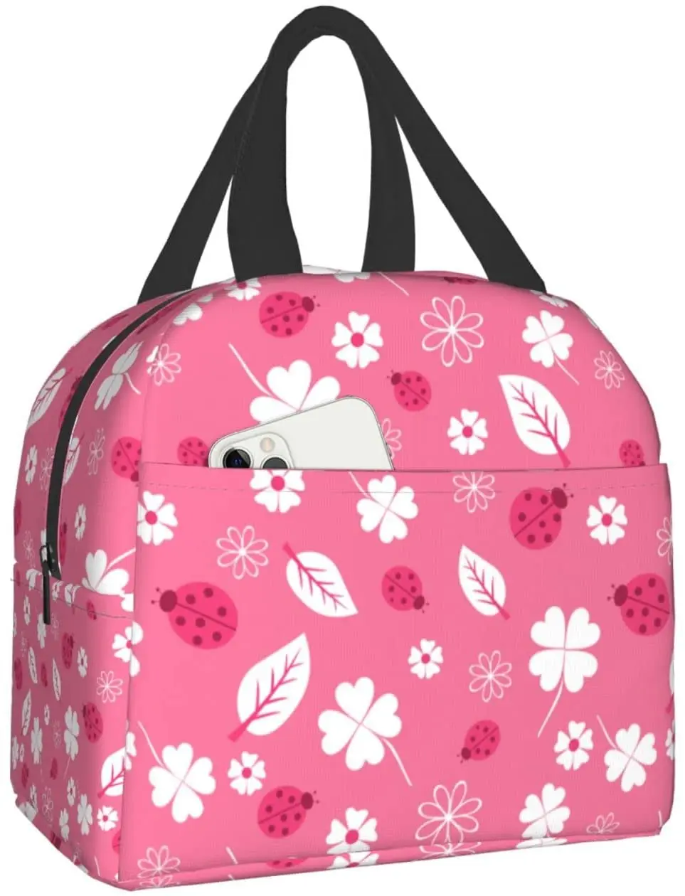 Ladybugs and flowers Lunch Box Bento Box Insulated Lunch Boxes Reusable Waterproof Lunch Bag With Front Pocket For Picnic Hiking