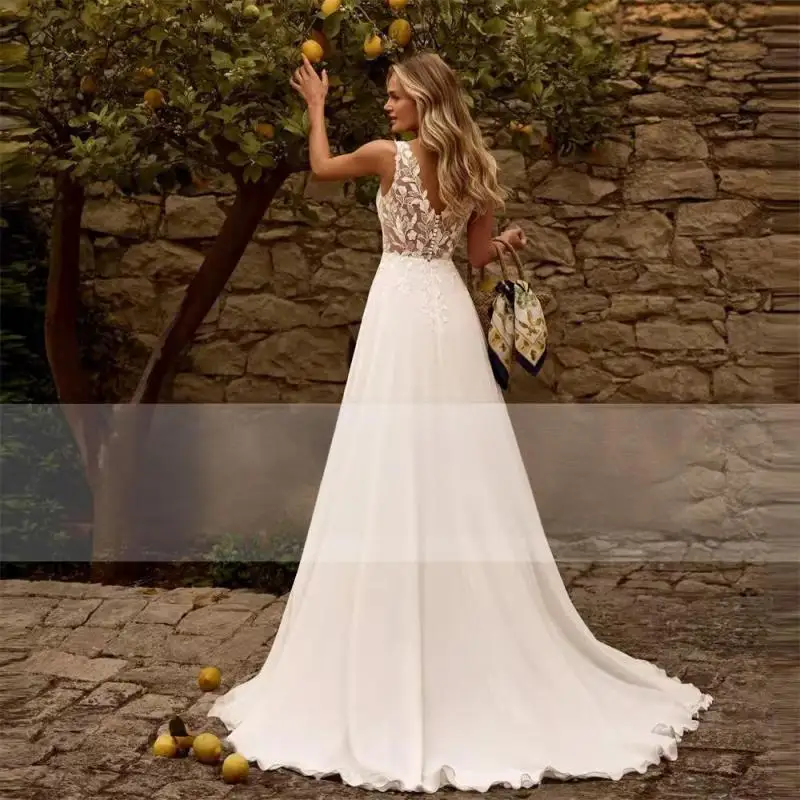 الكتف العميق الخامس الرقبة الدانتيل المطرزة أكمام فستان طويل للخروج فستان الزفاف الخفيف فستان زفاف بسيط مخصص