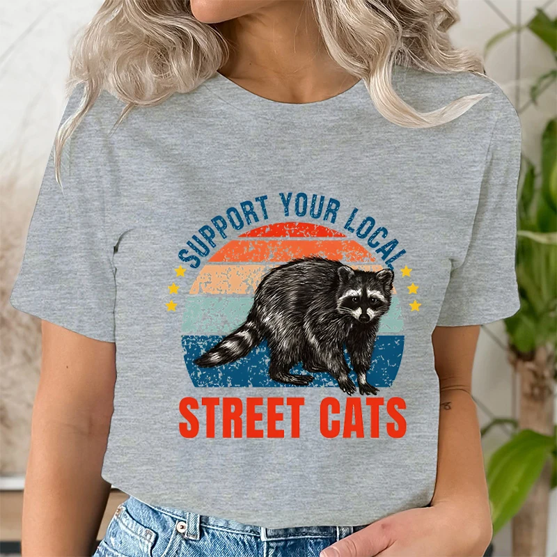 Raccoon Summer Women T Shirt Animal Support Local Street Cats Print Casual O-Neck Short Sleeve Pullover Female T-Shirt Clothing