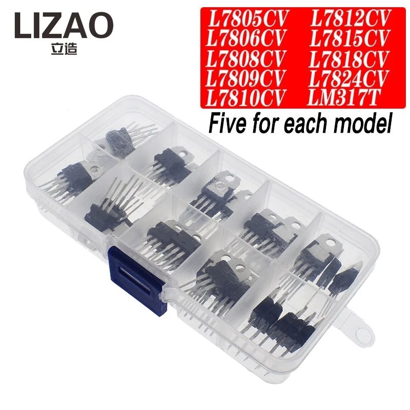 50PCS Linear Voltage Regulator Assortment, 10 Values LM317T L7805 L7806 L7808 L7809 L7810 L7812 L7815 L7818 L7824 TO-220
