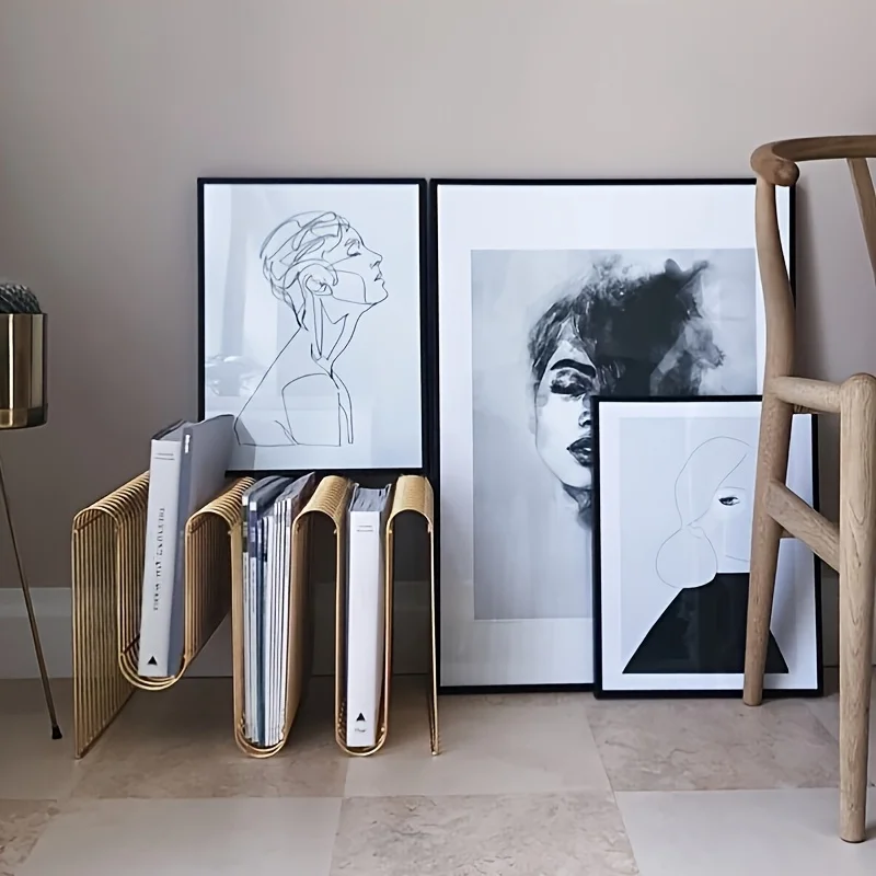 Nordic Minimalist Metal Magazine Stand - Self-Standing Art Shelf with Black/Golden Finish, No Assembly Required