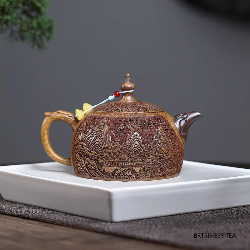 ييشينغ اليدوية الأرجواني الطين إبريق الشاي المنزلية الجمال براد شاي منحوتة باليد المشهد غلاية الصينية Zisha طقم شاي الهدايا 320 مللي