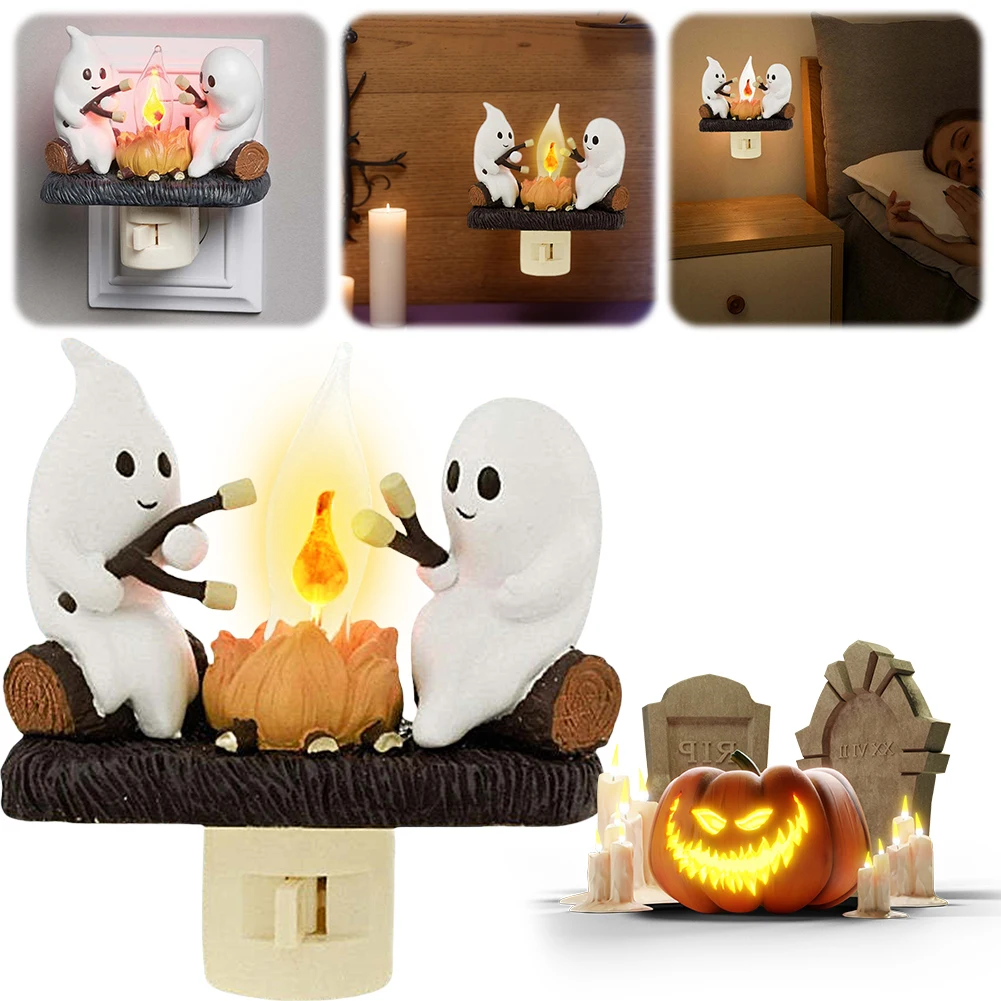 Halloween Decoration LED Ghost Campfire Nightlight Plug Into Wall Ghost Roasting At Campfire Lamp Ghosts Marshmallow Light