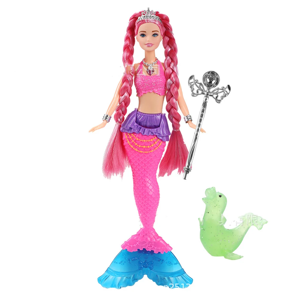Poupée sirène colorée de 30CM, longue tresse, avec lumières, musique, articulations des mains, poupée mobile, queue de poisson, jouet pour fille, cadeau pour enfants