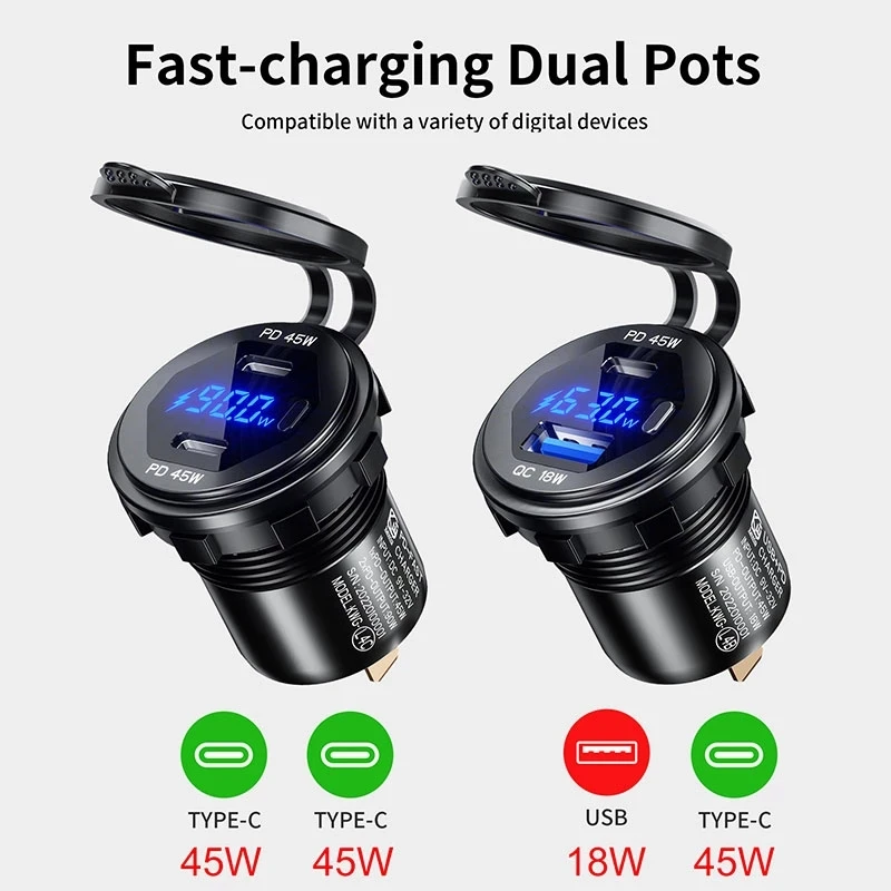 90W Quick Charge Car Charger PD Port Fast Charging Switch ON/OFF Phone Charger LED Display Power Adapter Universal for 12V/24V