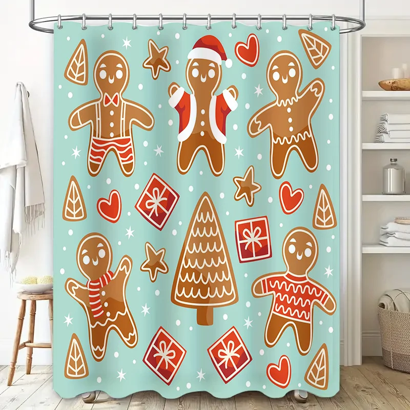 Delightful Gingerbread Christmas Shower Curtain Festive Decor for Your Bathtub Perfect Gift Idea! (Blue)
