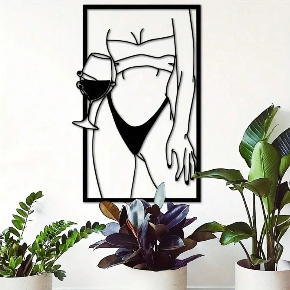 Metal Wall Art Goblet Bikini Lady Minimalist Rustproof Decor for Living Room Bedroom Bathroom