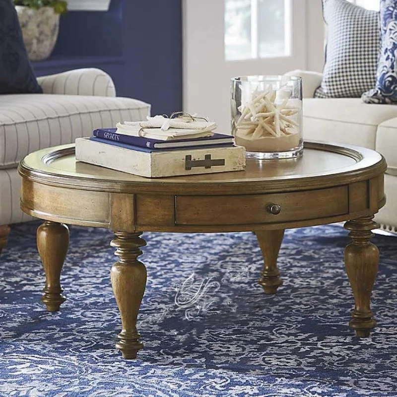 American rural solid wood retro round coffee table, small apartment antique old coffee table coffee table, French living room co