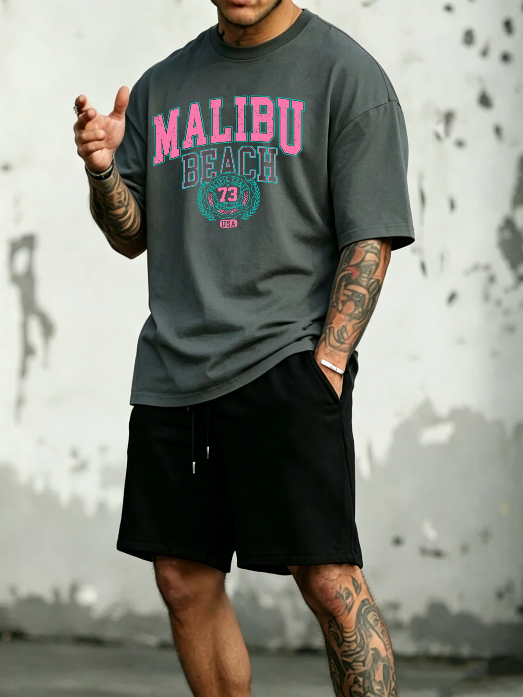 

Malibu Beach Design Cotton Summer Mens Streetwear Suits Casual Stretch Short Pants Fashion Daily Tee Shirt Loose Swimming Trunks