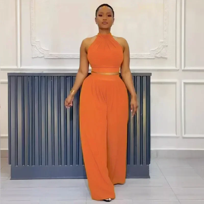 

GUWU женский комплект без рукавов, укороченный топ с лямкой на шее и широкие брюки, костюм, осенний повседневный уличный комплект из двух предметов, наряды