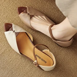 Women's sheepskin peep toe ankle strap flats sandals high quality soft comfortable elegant ladies slim daily dress summer shoes