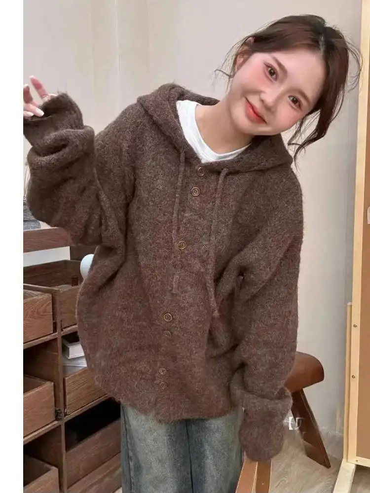 

Korean Fashion Solid Elegant Single Breasted Short Hooded Sweater Women Autumn Winter Long Sleeve Vacation Cardigan Knitted Tops