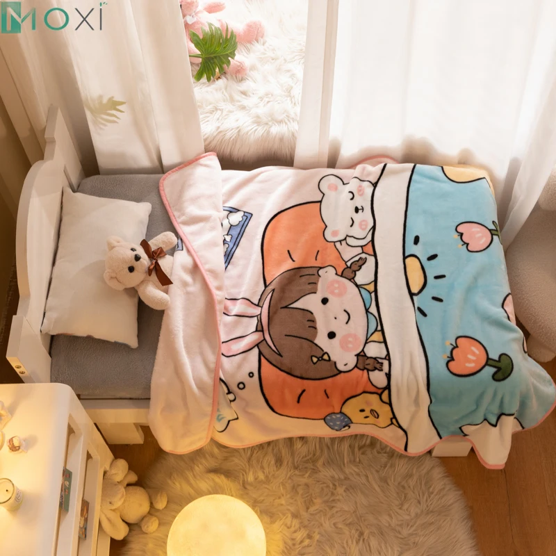 

Cute Girl Cartoon Pattern Sofa Bed Cover Soft Blanket Plaid Soft Warm Flannel Throw Noon Break Blankets Living Room Decor Picnic