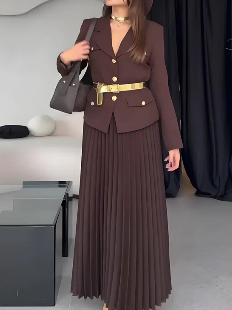 Spring Suit Coat Full Sleeve Blazer Maxi Pleated Skirt Belt Black Solid Color Two-piece Set Long Dresses Women's Two Piece Dress