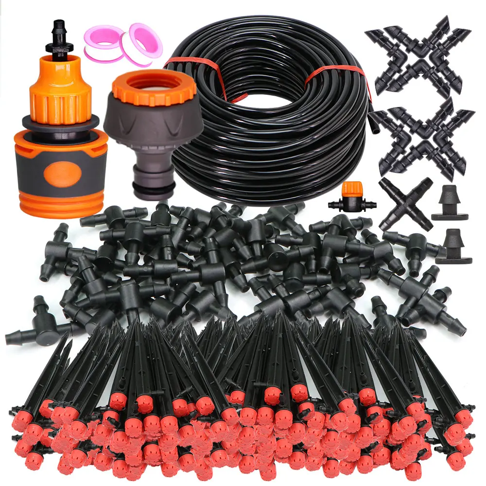 20M 13cm Stake Sprinkler Plant Irrigation Kit 1/4”Hose Garden Watering System 4/7mm Tube 8-Hole Adjustable Drippers Drip Device