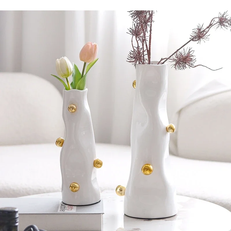 Resin Vase Abstract Golden Ball Art Deco Bead Point Tabletop Ornament Flower Floral Arrangement Accessories Home Decoration