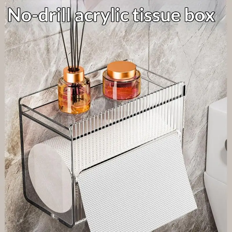 Transparent Acrylic Wall Mounted Toilet Paper Holder with Top Phone Shelf, Household Bathroom Storage Organizer