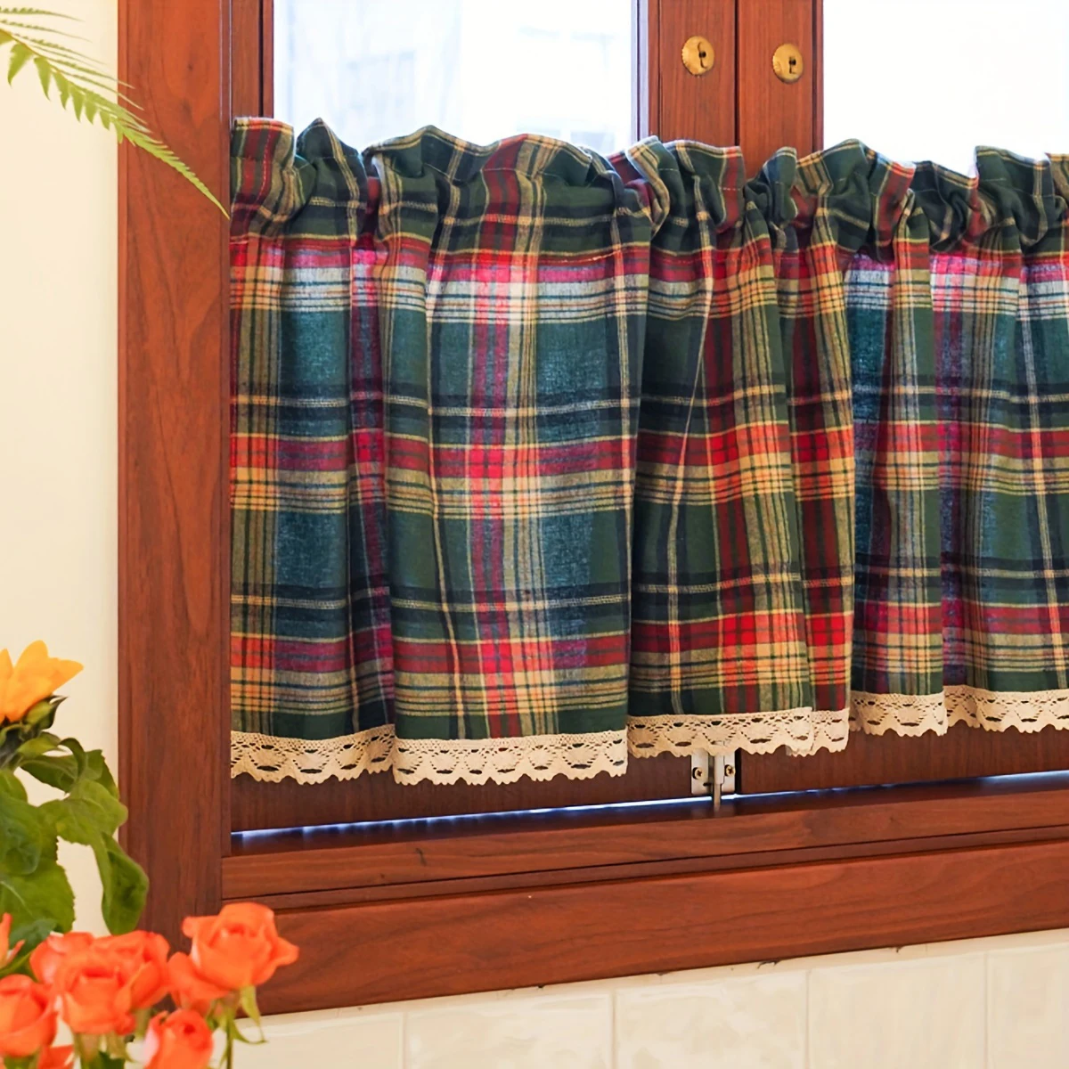 1Panel Green Plaid Lace Short Curtain, Retro Pastoral Style Coffee Curtain Small Curtain, Simple and Modern Comfortable Festive Atmosphere Decorative Curtain for Restaurant Kitchen Cafe Door Curtain Curtain