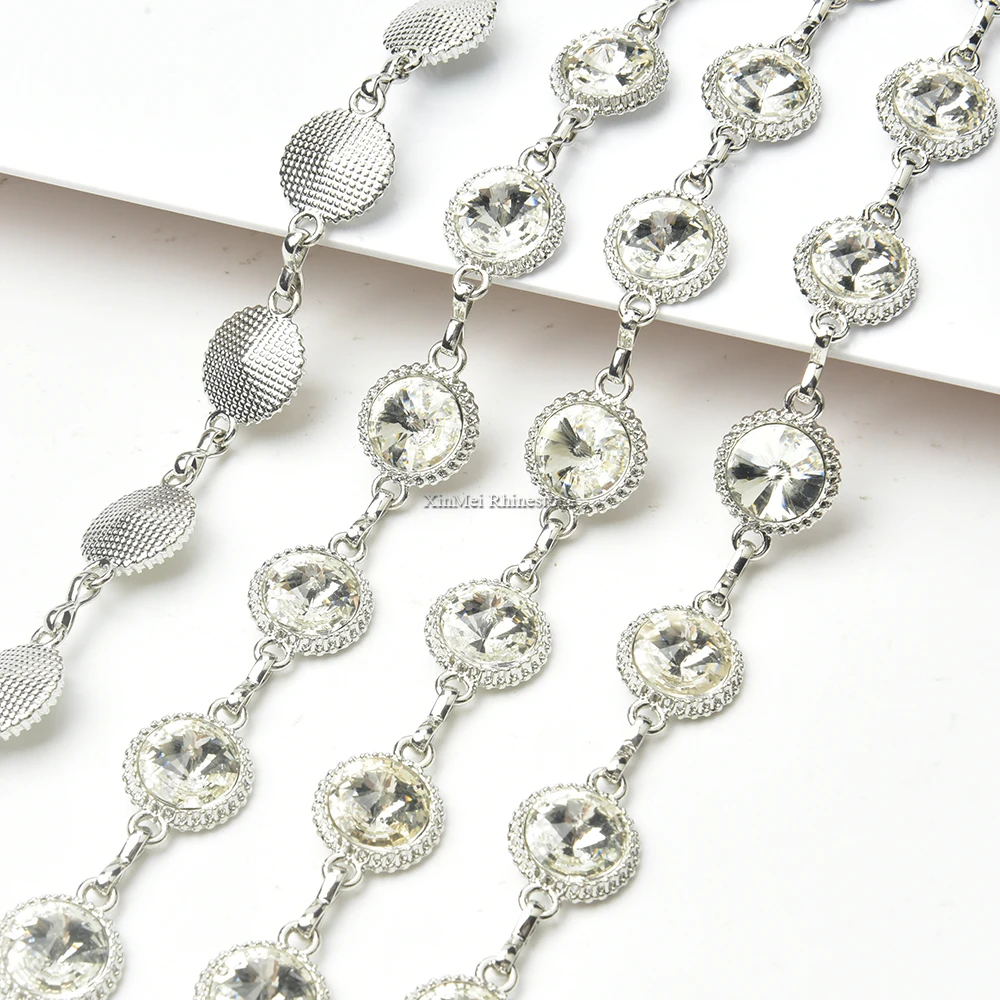 White Crystal Round Satellite Glass Diamond Trim Alloy Metal Silver Plated Rhinestone Cup Chain Diy Clothing Jewelry Accessories