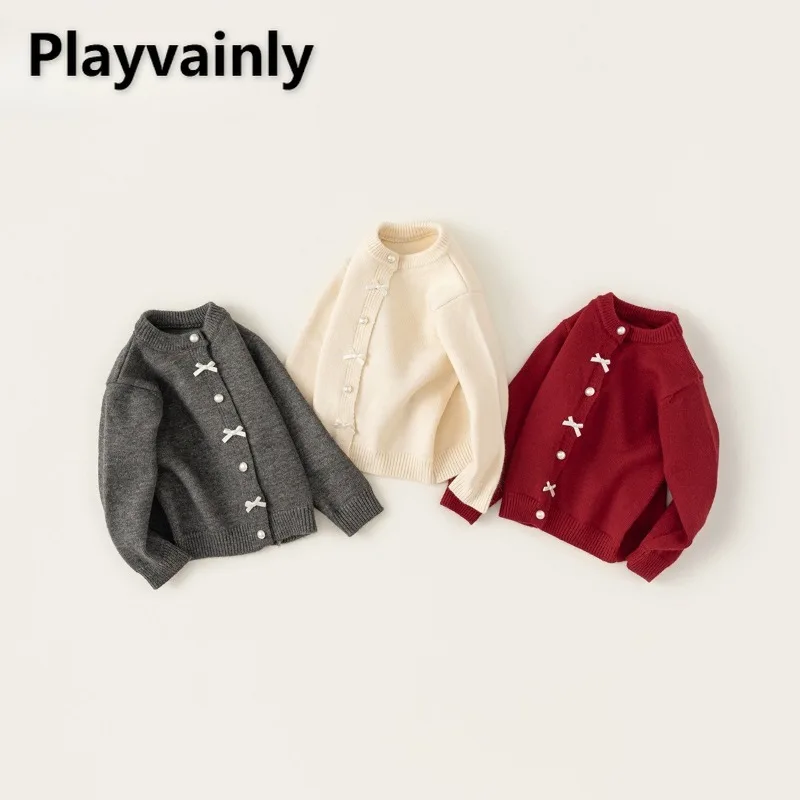 

Детский милый вязаный кардиган для девочек, новинка весны и осени, красный, серый, бежевый, однобортный свитера с бантом, детские базовые вязаные пальто Y24054