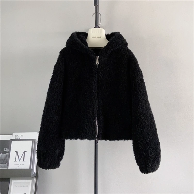 

PT493 Lady Girl Zipper Style Hooded Wool Fur Coat Female Loose Sheep Shearling Thickened Young Models Short Jacket