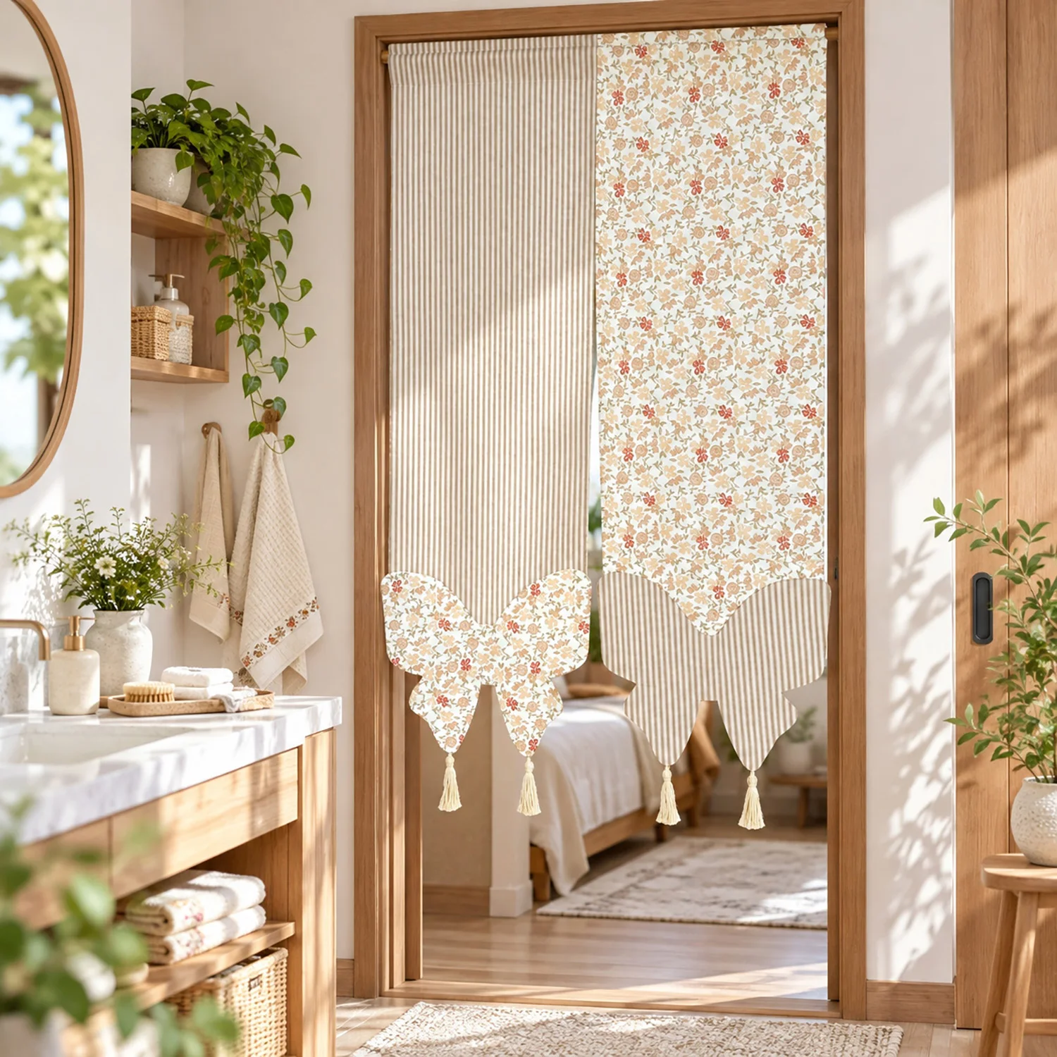 1PC Pastoral Stripes Stitching Floral Door Curtain, Butterfly Tassel Decoration, for Living Room, Study, Cafe Kitchen Partition