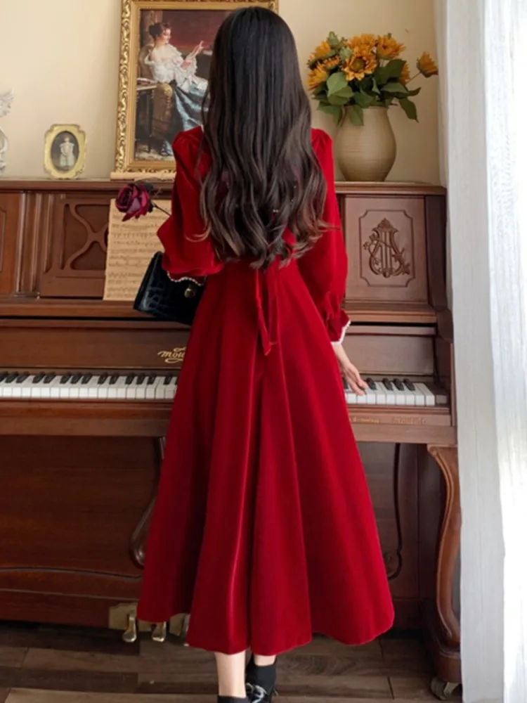 French Vintage A-line Wedding Party Dress Women Autumn Elegant Long Sleeve Backless Red Vestidos Mujer Princess Robe Spring New