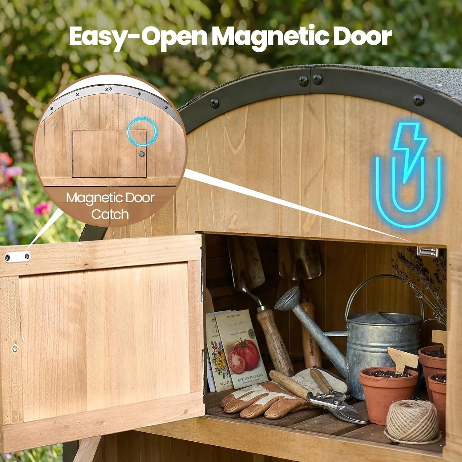 Vertical Wood Outdoor Storage Shed Metal Frame Garden Cabinet 30.3x15.7x66.9 In 5 Storage Zones Domed Waterproof Roof Lockable Doors for Patio Backyard - view 4
