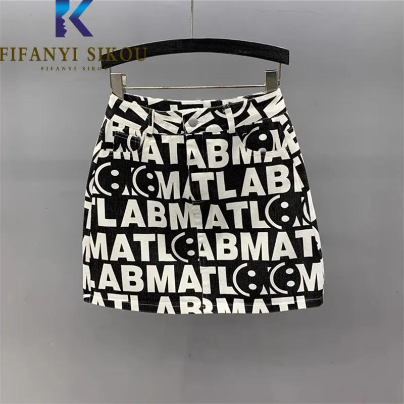 

Letter Print Jeans Skirt Women Streetwear 2024 Summer Loose Graffiti Fashion Denim Skirt Casual A-line Short Skirts Female