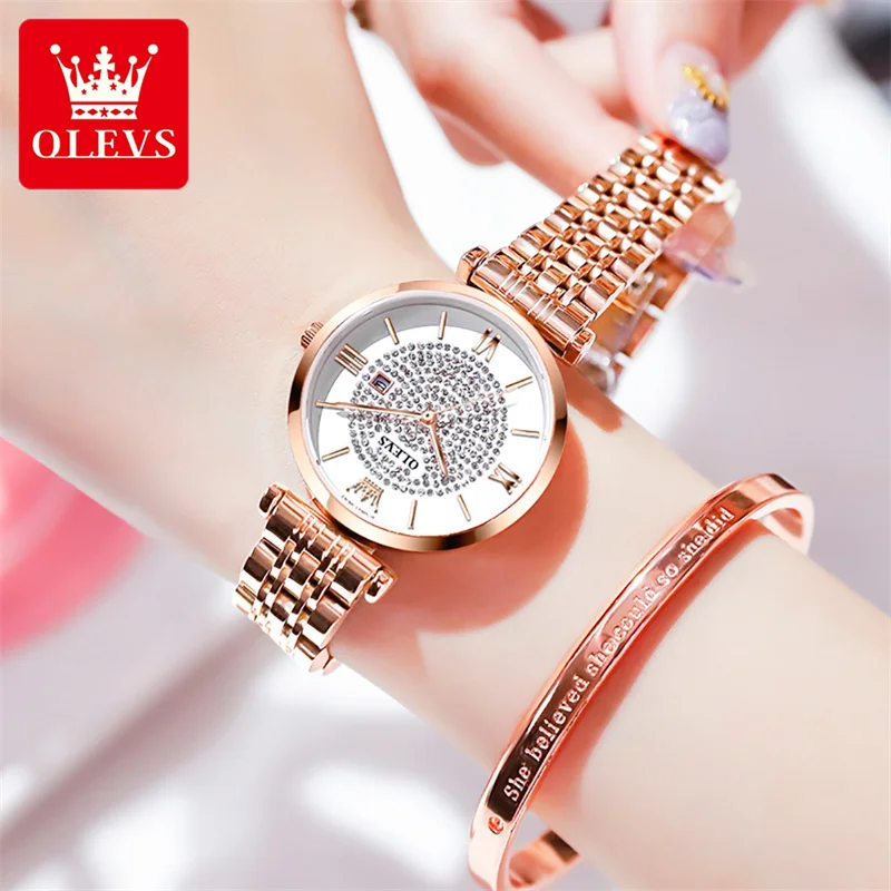 OLEVS Brand Luxury Diamond Quartz Watch for Women Stainless Steel Waterproof Calendar Fashion Womens Watches Relogio Feminino