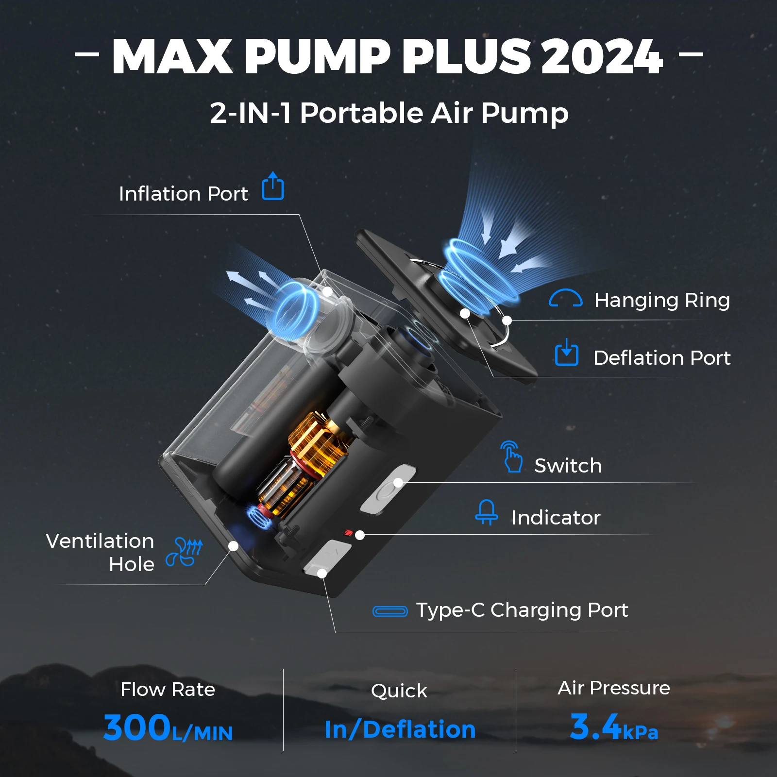 FLEXTAIL MAX PUMP PLUS - مضخة هواء محمولة مع بطارية 1600 مللي أمبير في الساعة من النوع C قابلة لإعادة الشحن للتضخم والانكماش والضغط #4