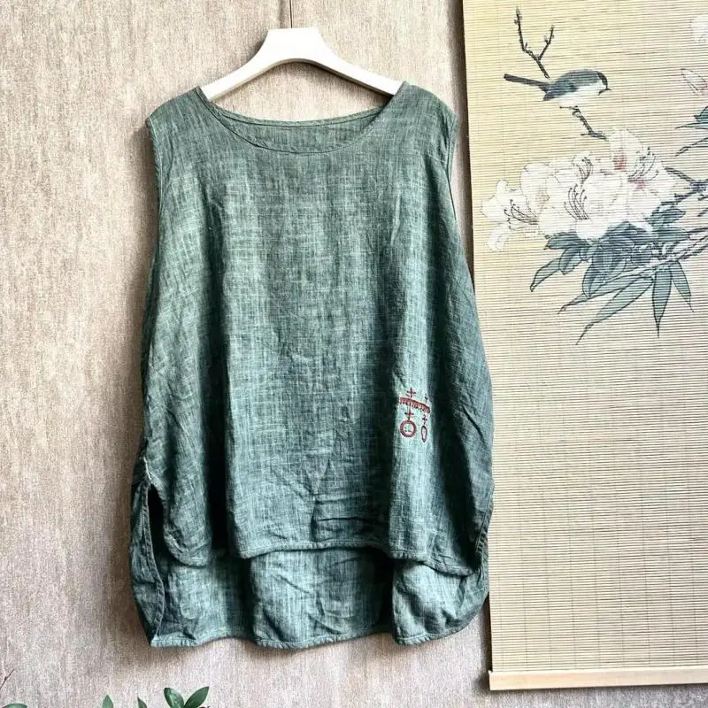 

New Arrival Summer Arts Style Women Sleeveless Loose Casual Tank Tops Tie Dye Vintage Embroidery Cotton Linen Top Femme T523