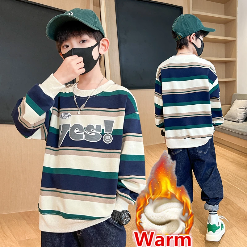 

Korean Style Children's Winter Striped Sweatshirt with Fleece for Tweens Boy Fashion Insulated Hoodie Coat Kids Warm Clothing