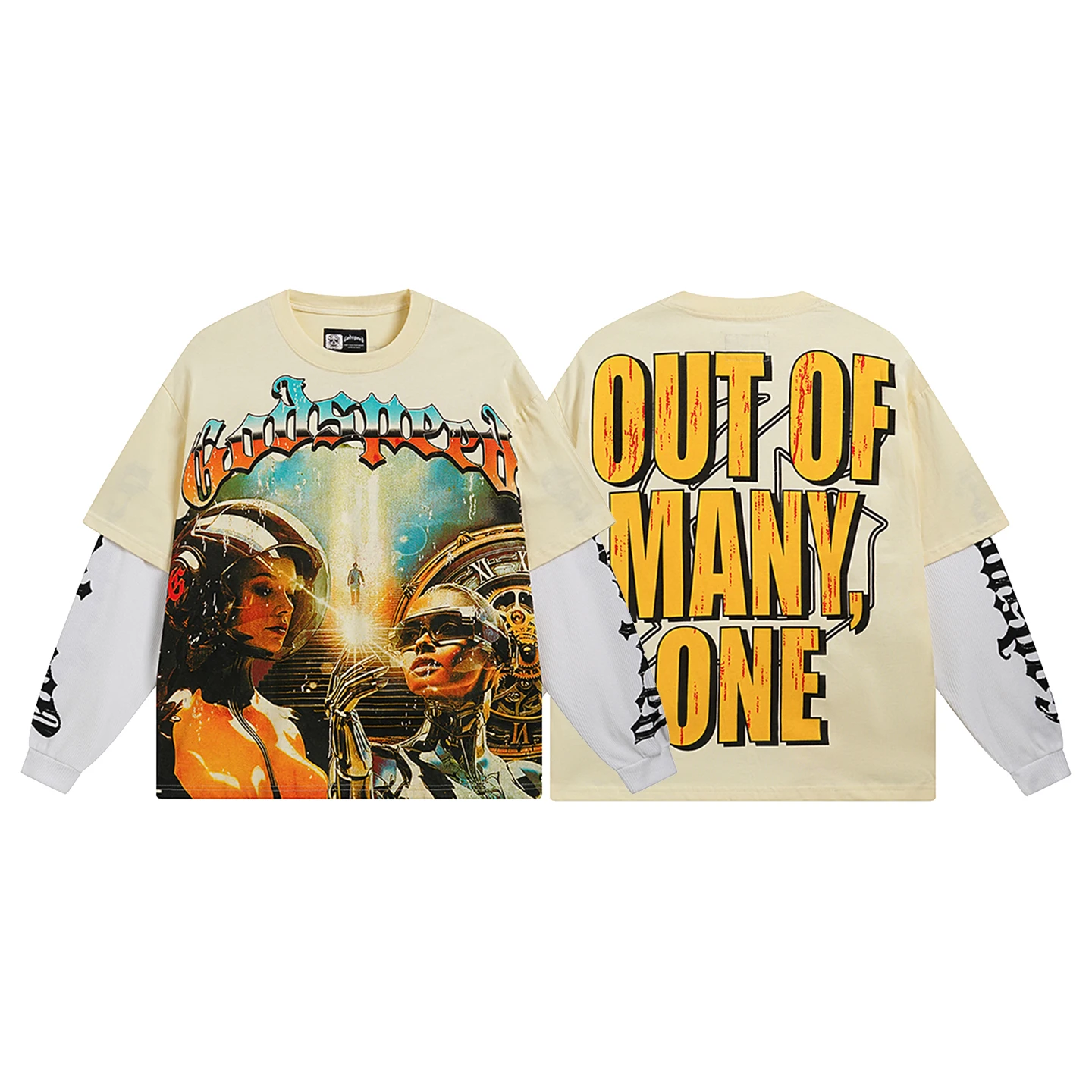 Retro Skeleton Letter Print Loose Long Sleeve T-Shirt Streetwear Unisex Washed out Fashionable Top for Men And Women