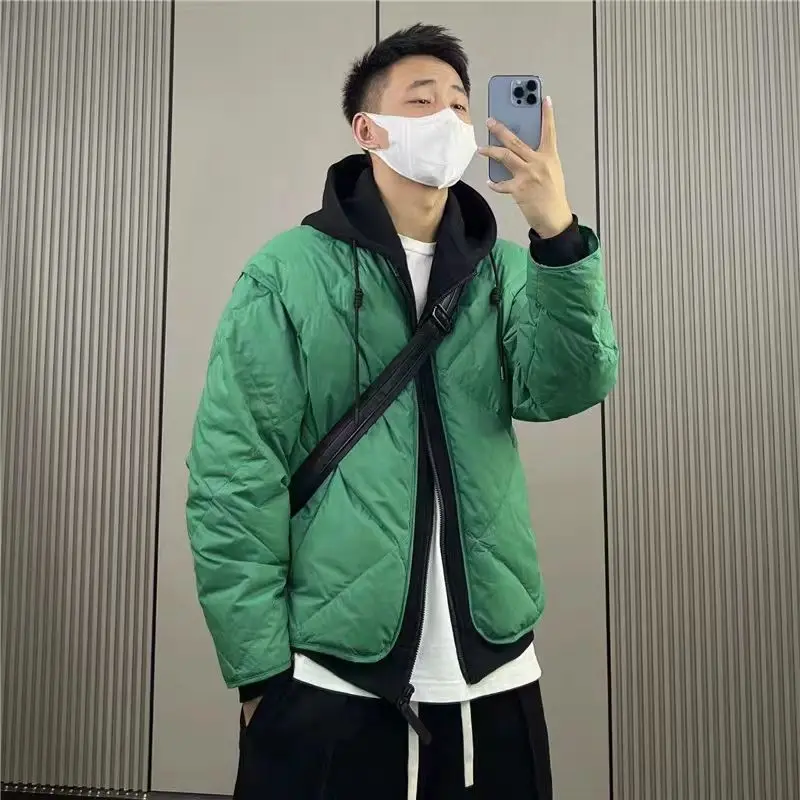 Men 2026 New Autumn Winter Hooded Fake Two-Piece Colorblock Short Down Cotton Jacket