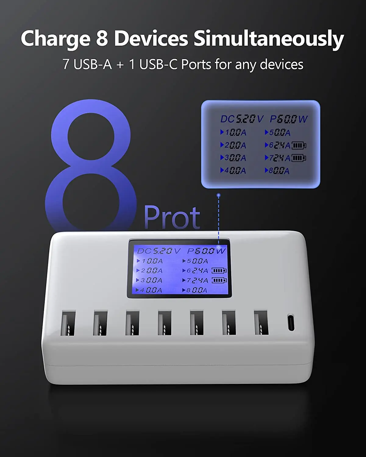 USB Charging Station 8-Ports 60W 12A Multi USB C Hub Charger with LCD Display for Cellphone  Tablet Multiple Devices iPhone 14 8