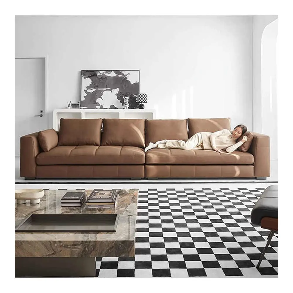 

Large Apartment Simple Modern Leather Sofa First Layer Cowhide Luxury Straight Row Living Room Sofas