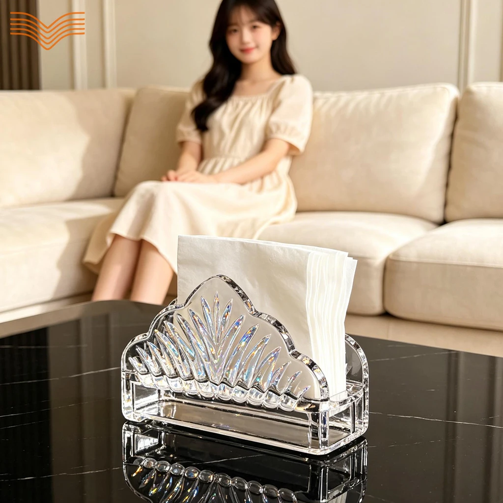 Cloud Radial Cut Clear Glass Napkin Holder, Light Luxury Desktop Tissue Stand, Transparent Paper Dispenser for Hotel Restaurant