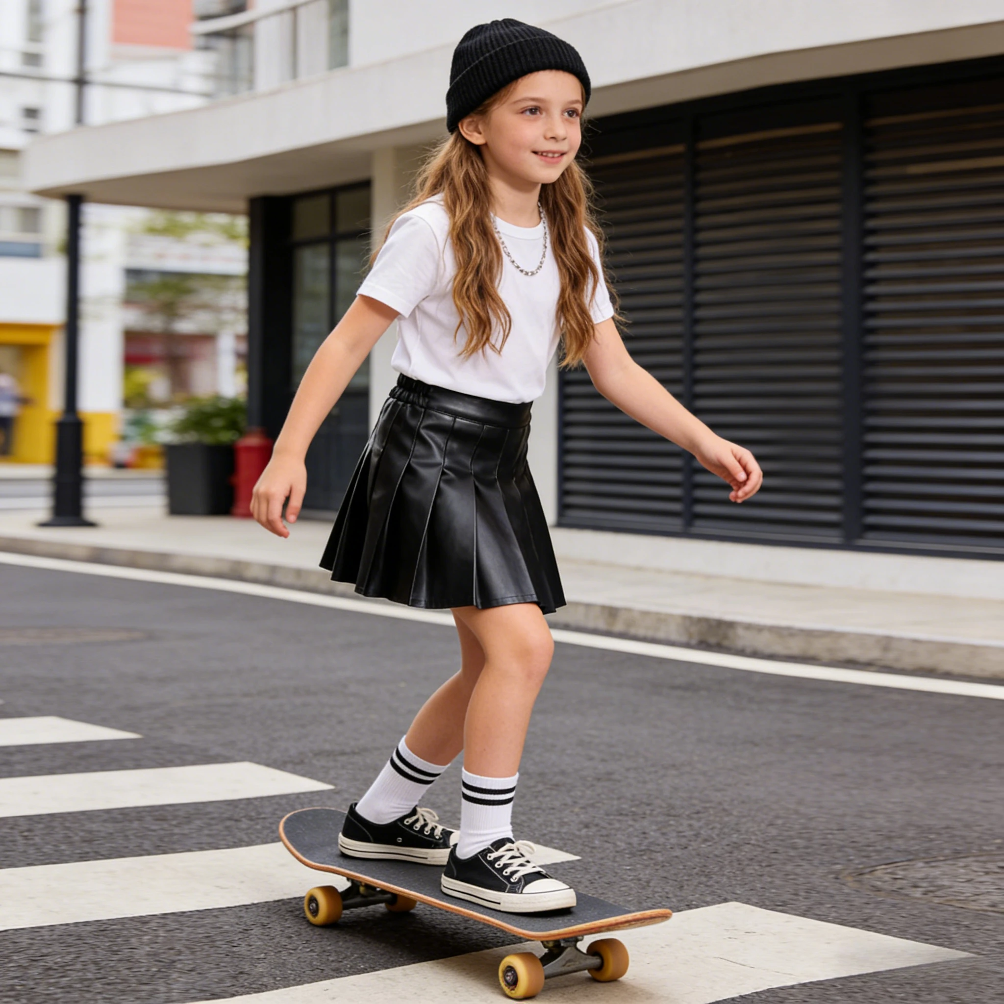 

Girls Faux Leather Pleated Skirt High Waist Mini Skirt with Elastic Waistband for Kids Casual, Party & School Outfit Daily Wear