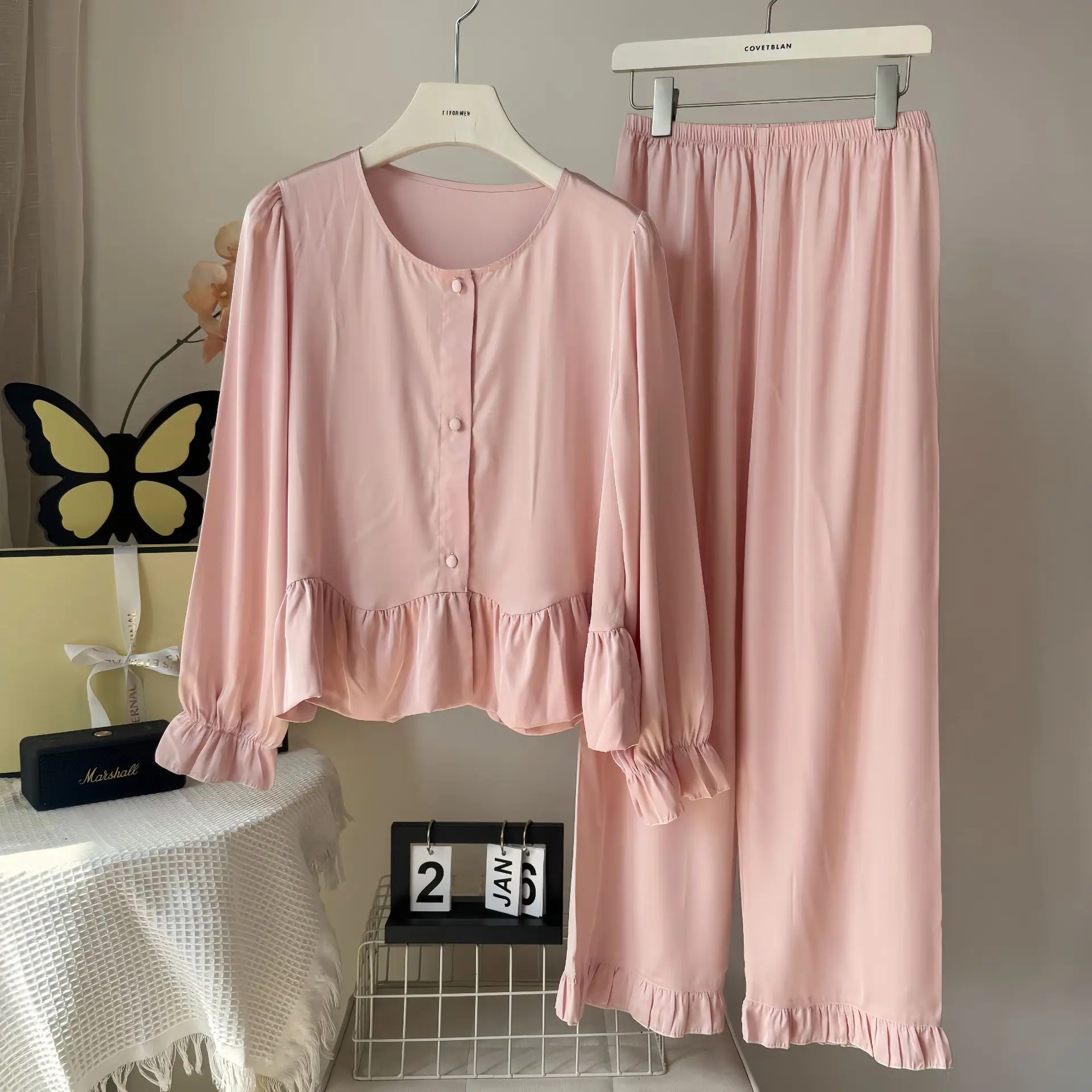 

2PCS Pajamas Suit Long Sleeved Cardigan Trouser Satin Sleepwear Sexy Kimono Bathrobe Gown Solid Color Casual Nightgown Homewear
