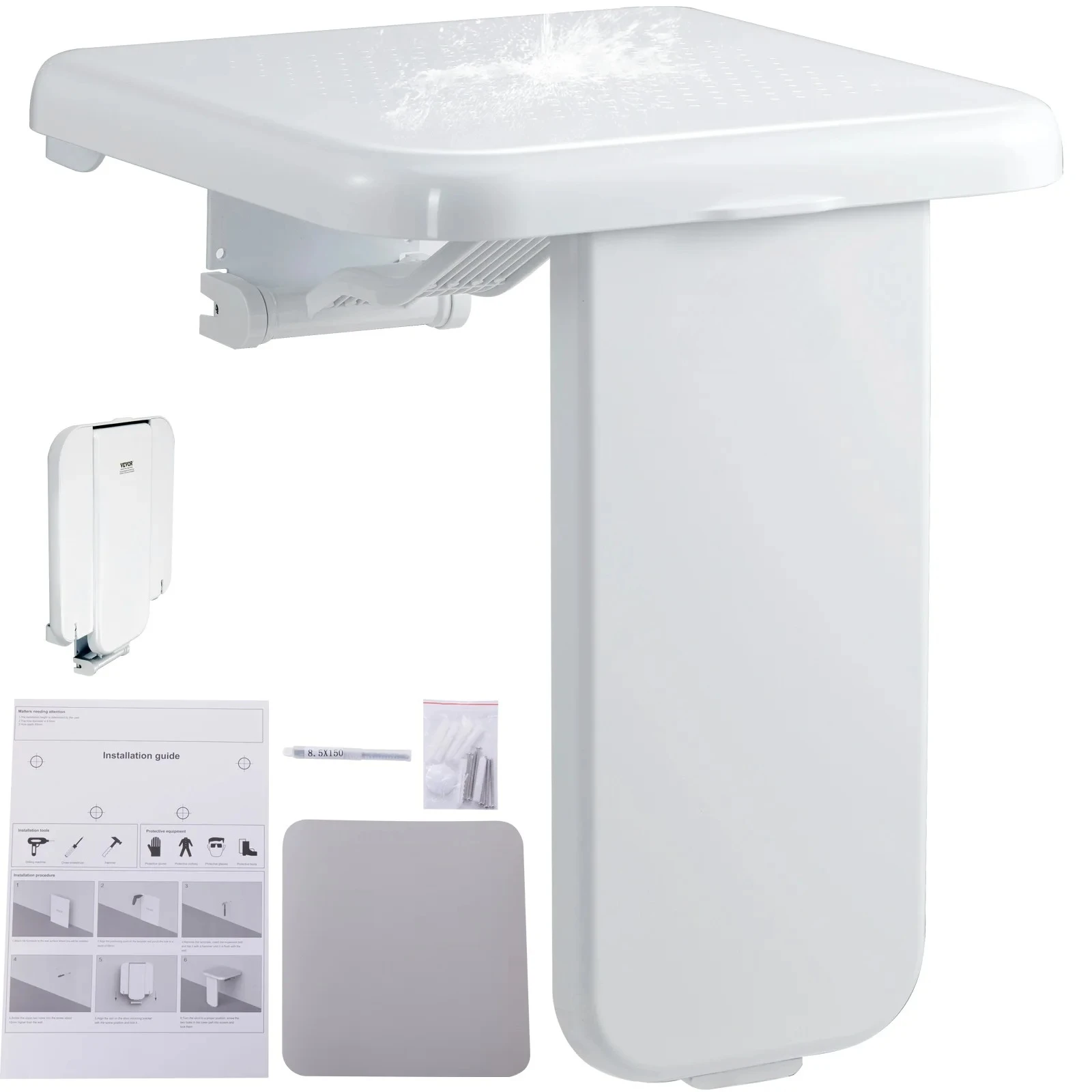 Folding ABS Shower Seat 15.7'' x 16.7'' Unfolded Wall Mounted Fold Up Shower Bench 440 lbs Load Capacity Shower Chair