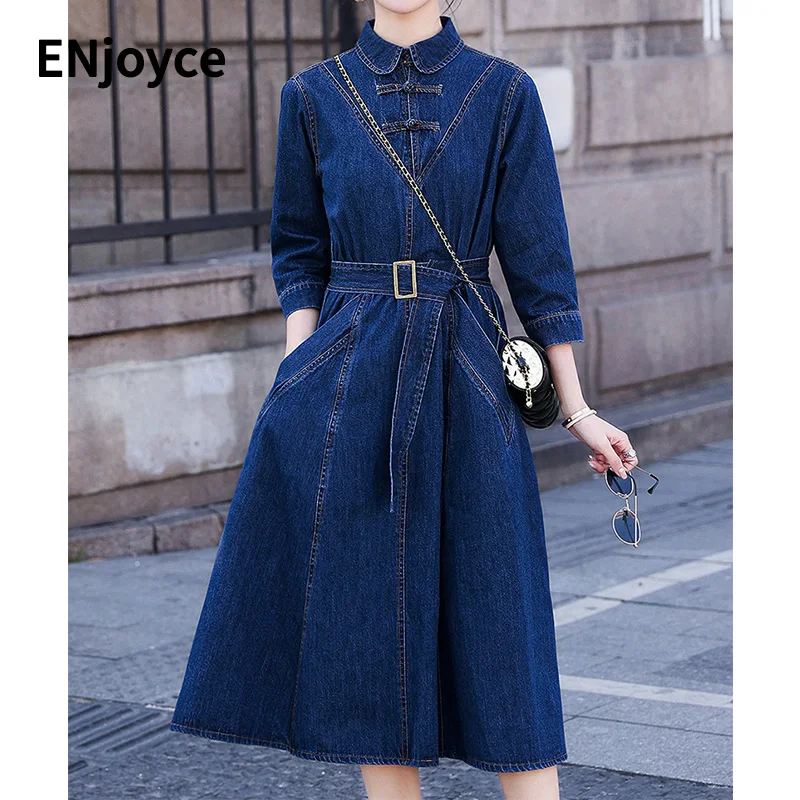 

ENjoyce Vintage Denim Mid-length Dresses Women Streetwear Spring Fall Lapel Collar Dress Street Daily Wearing A-line Skirt