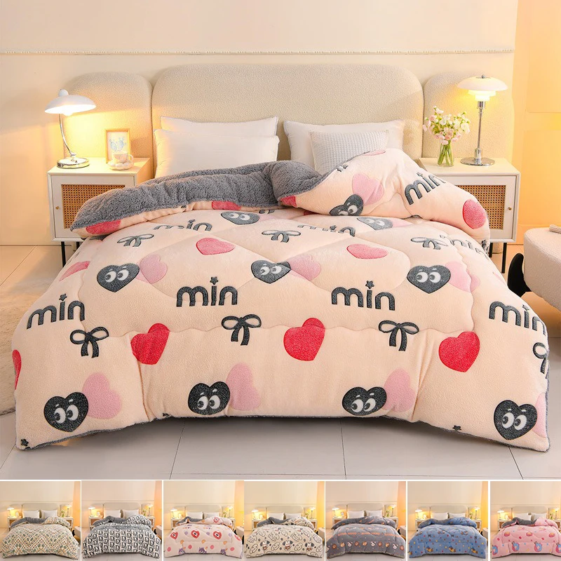 2025 New Double Sided Winter Printed Milk Wool Lamb Wool Blanket, Thickened Single and Double Student Dormitory Bedding Core