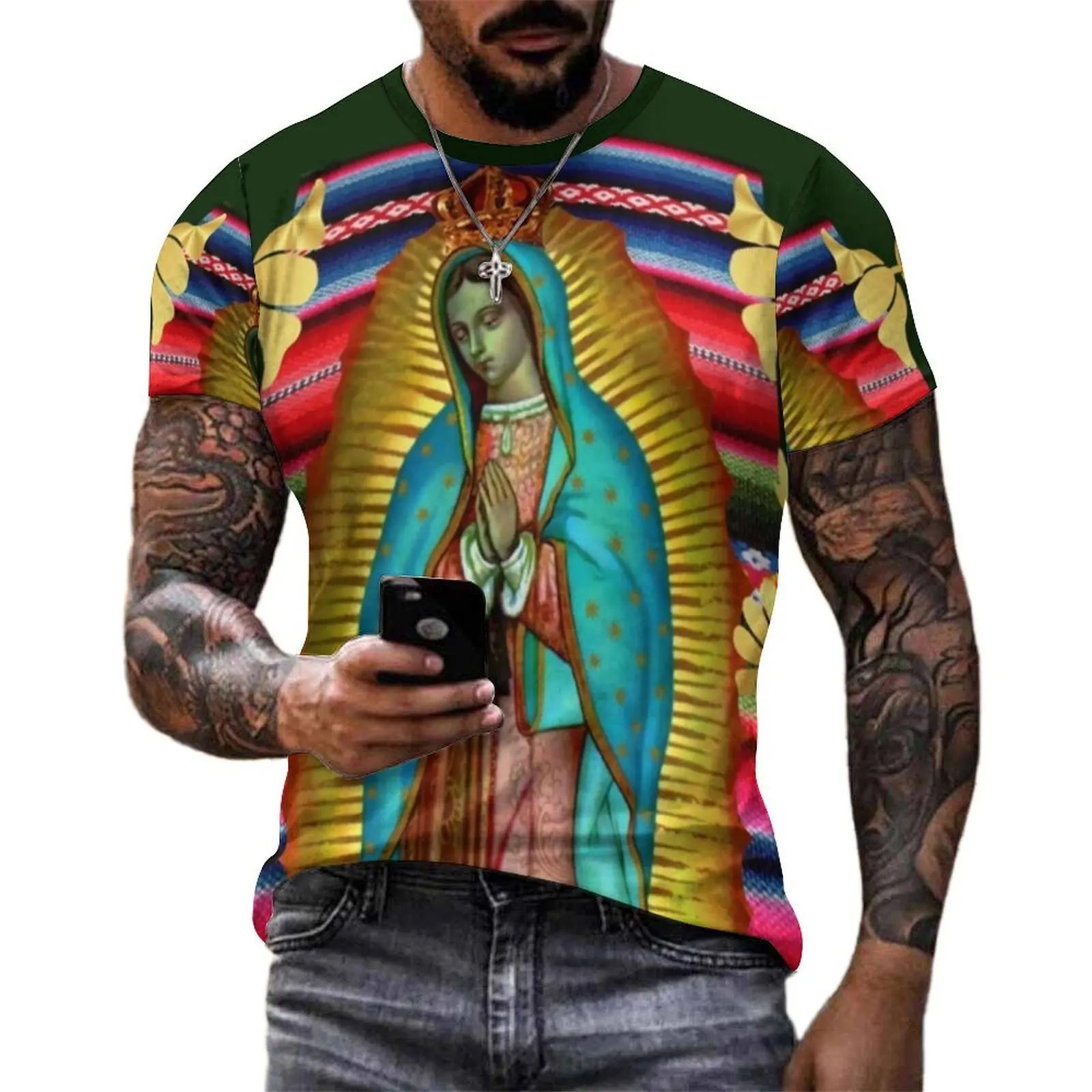 Virgin Mary Zarape T Shirt Our Lady of Guadalupe Popular T Shirts Short Sleeves Graphic Tshirt Beach Awesome Plus Size Top Tees